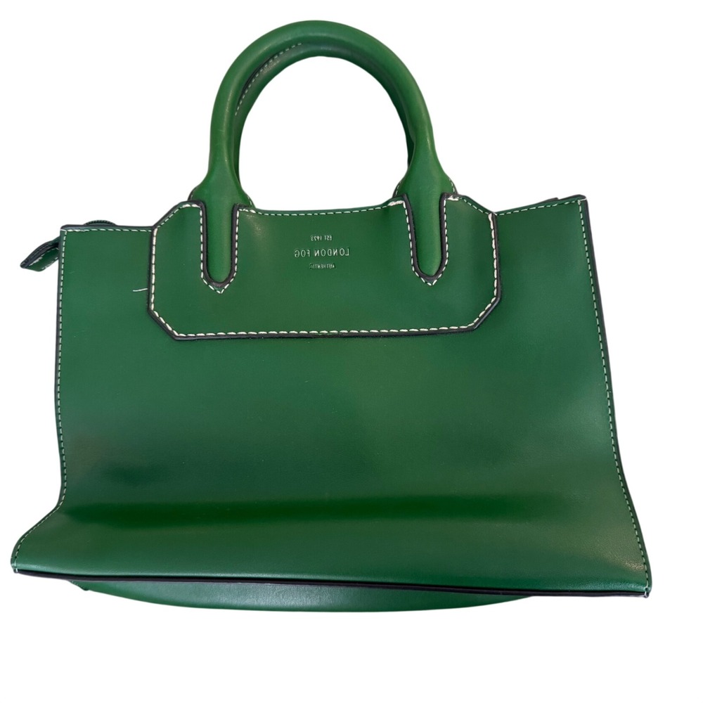 London Fog Green Faux Leather Satchel Handbag White Topstitch Zip Closure